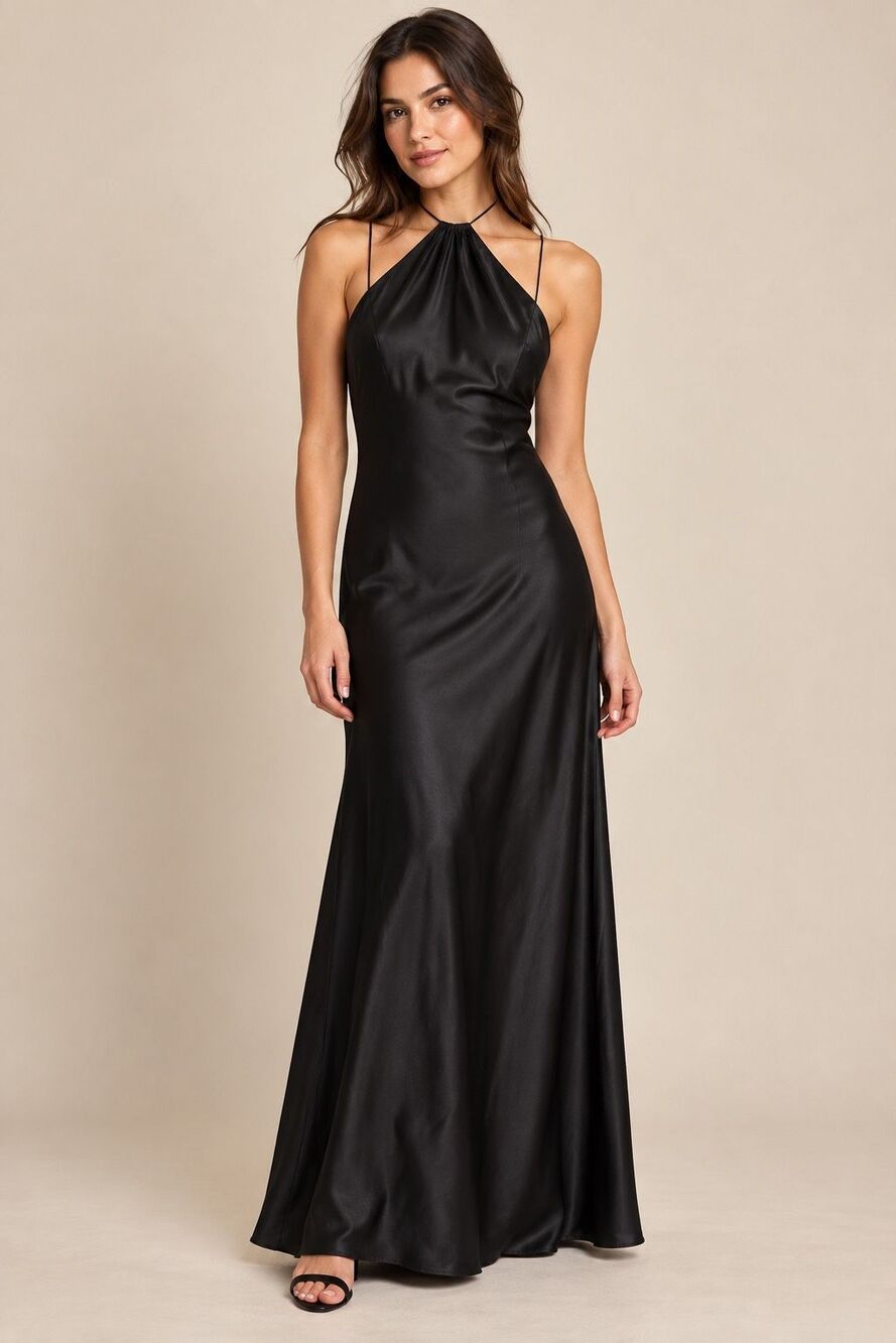 Morgan & Co Black Satin Halter Maxi Dress Women's Small Formal Evening Gown